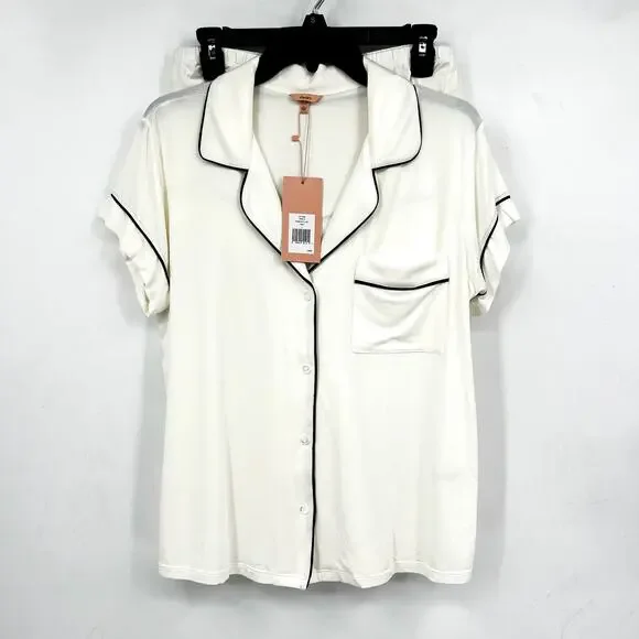 EBERJEY Giselle Short PJ Set Large Pure Ivory Navy Blue Tencel Modal Relaxed NWT - Picture 3 of 13